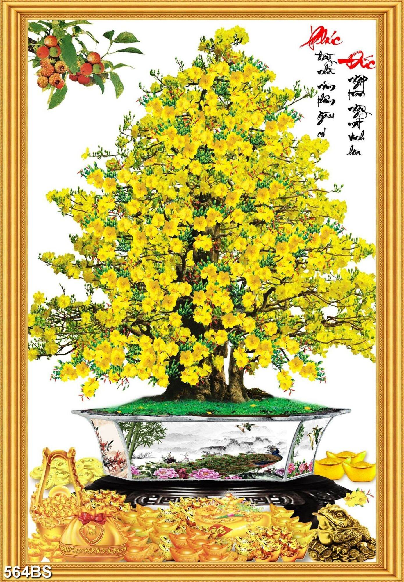 TRANH DÁN TƯỜNG 3D CHẬU BONSAI CÂY MAI PHÚC ĐỨC  THƯ PHÁP 564BS - TRANH CHẬU HOA CHƯNG TẾT