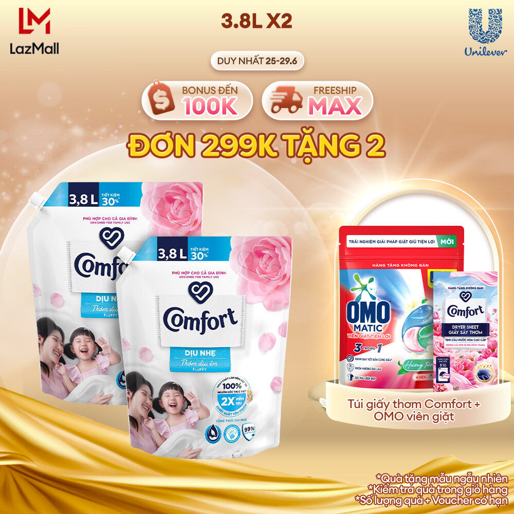 Combo 2 Túi Nước Xả Vải Comfort Dịu Nhẹ Thơm Dịu Êm Cho Cả Gia Đình 3.8L