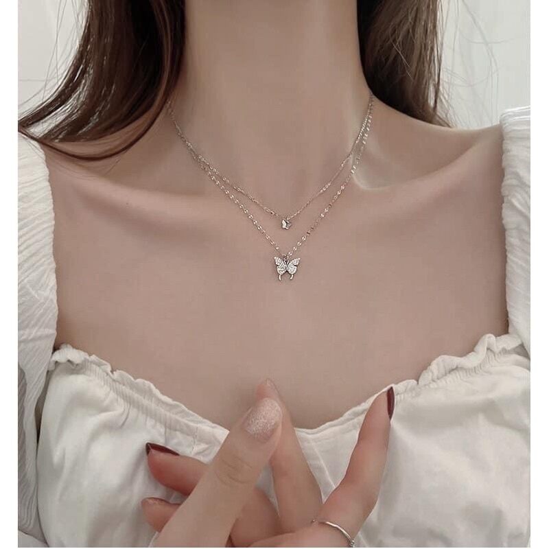 Dây chuyền bạc ý 2 dây bướm xinh
