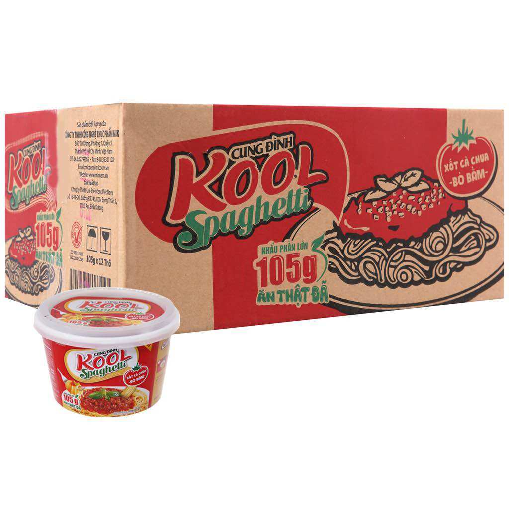  Thùng Mì trộn Cung Đình Kool Spaghetti 12 tô 105g  có gói xốt bò bằm  