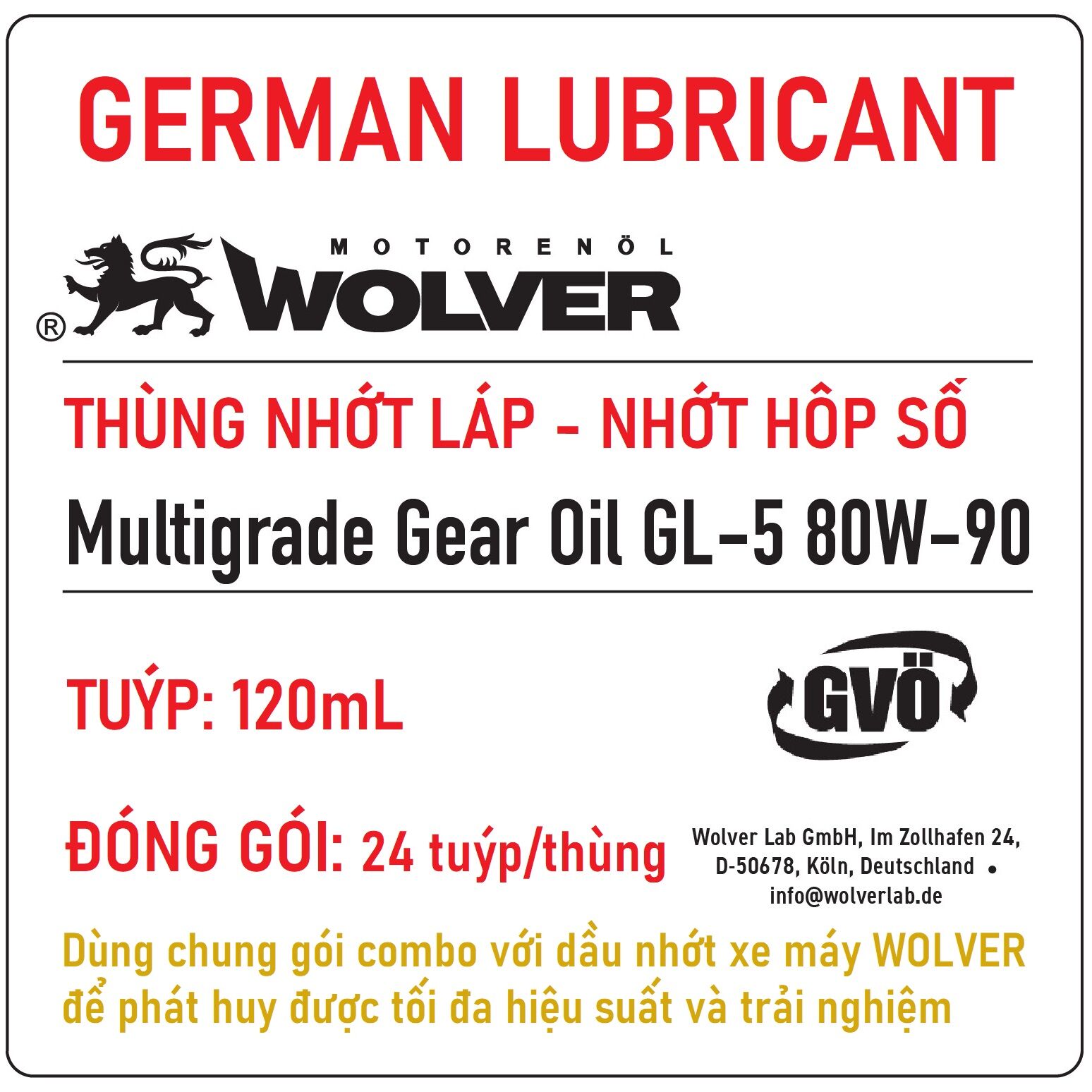Thùng nhớt láp Wolver 80W90 (120mL) - Láp GL5 - Láp 80W90 - Láp Đức - Nước mát K2