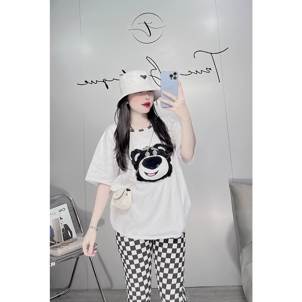Sét bộ gấu pooh phối quần kẻ legging.