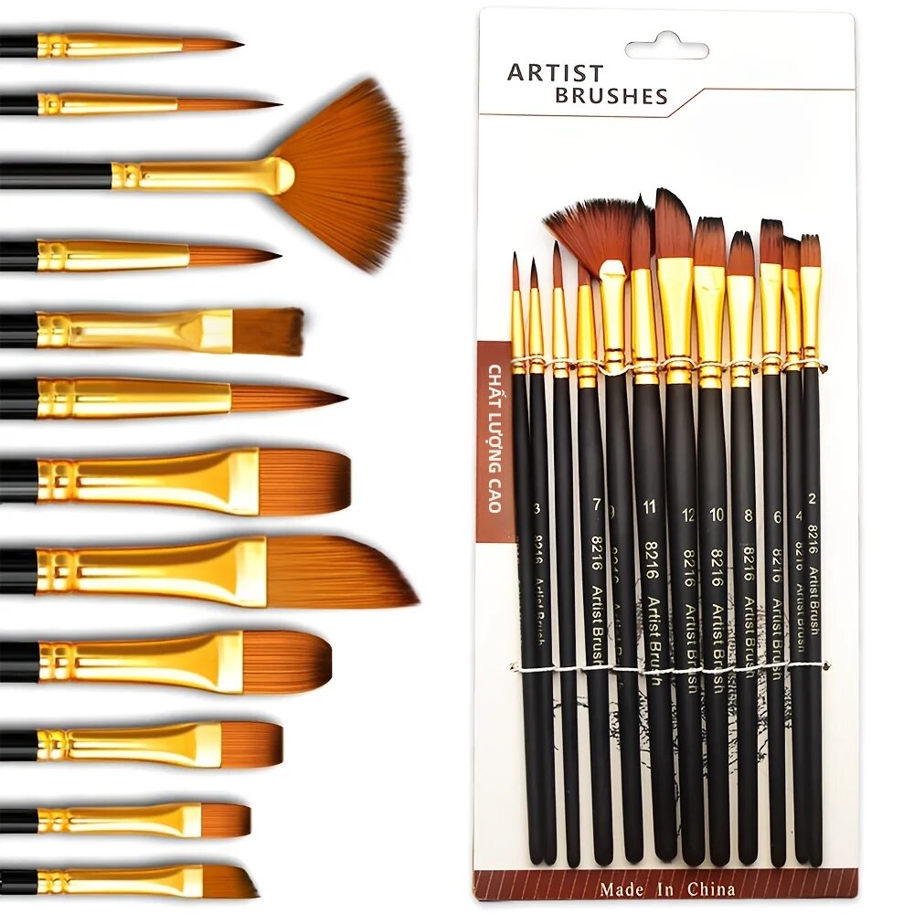 Bộ 12 Cọ Vẽ Chuyên Nghiệp Cao Cấp Lông Nylon Dùng Cho Sơn Dầu Acrylic Màu Nước Tranh Vải & Gouache Cán Gỗ