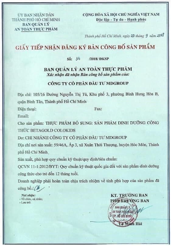 Sữa bột Betagold Colokids 900g (dành cho trẻ từ 0 - 12 tháng tuổi)