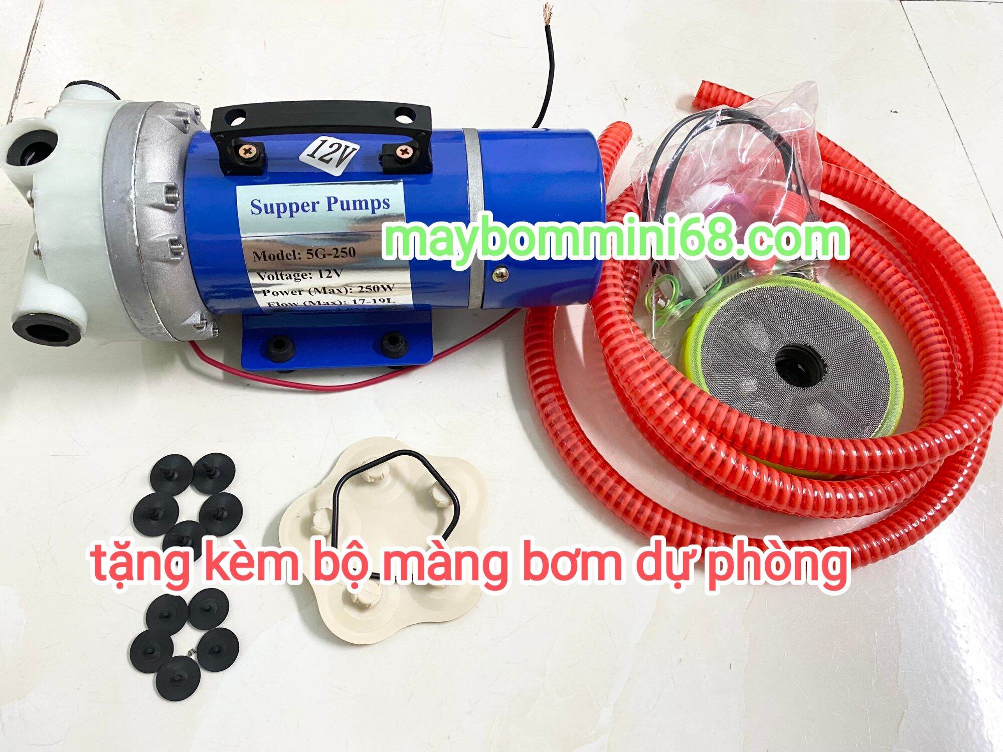 Máy bơm áp lực phun thuốc, rửa xe 12v 250w tặng kèm bộ màng bơm dự phòng