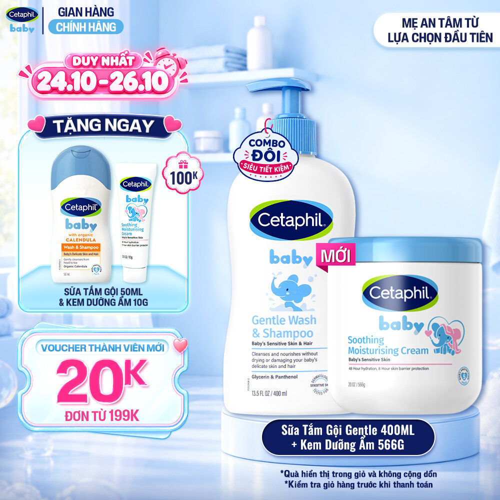 Combo Sữa tắm gội dịu lành cho bé CETAPHIL BABY GENTLE WASH  SHAMPOO 400ML  Kem làm dịu và dưỡng ẩm cho bé Cetaphil Baby Soothing  Moisturising Cream hũ 566g