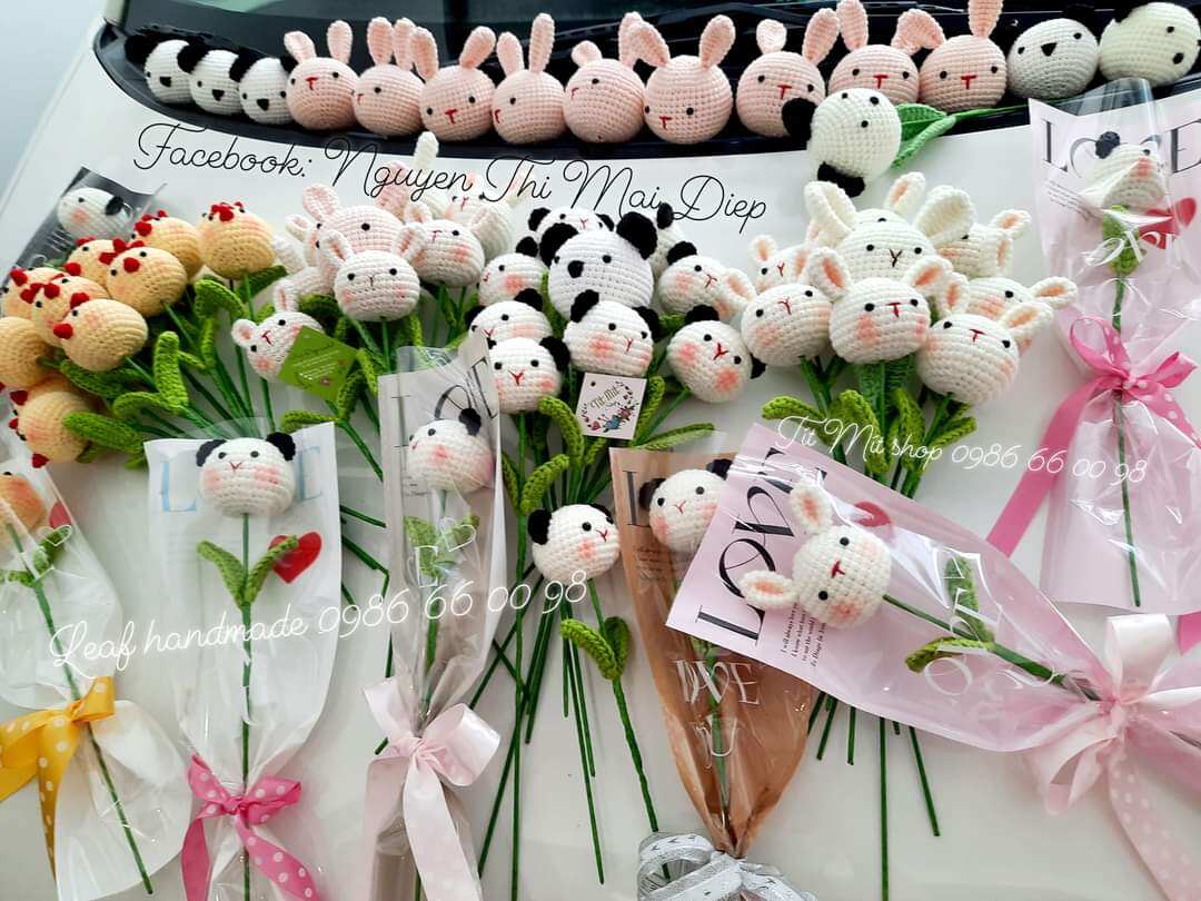 Bó 1 bông hoa len móc tay handmade hình thú bông dễ thương