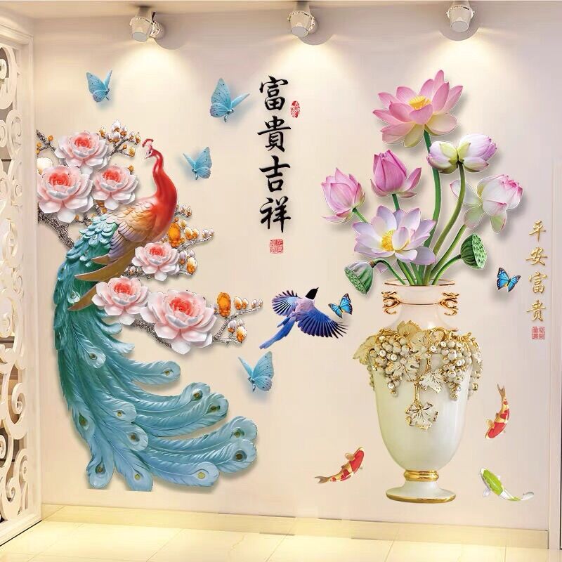 Combo 2 tranh Decal dán tường phòng khách bình hoa và công
