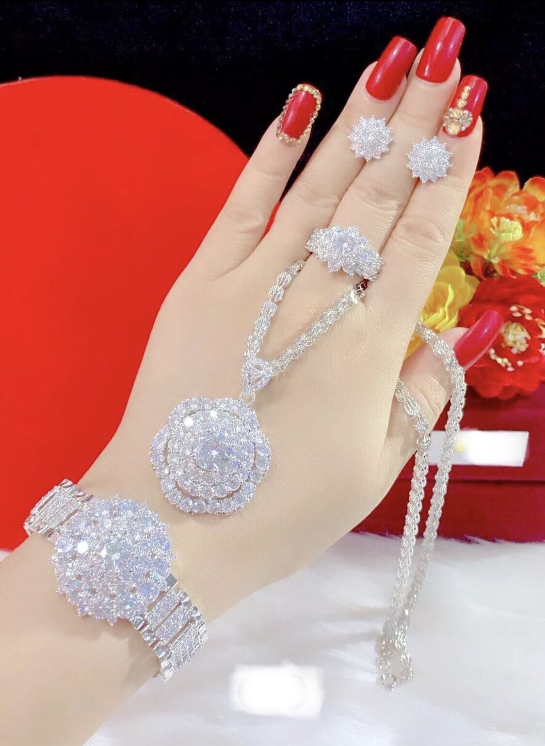 Bộ trang sức mạ bạch kim đính xoàn mẫu mới 4 món cực đẹp