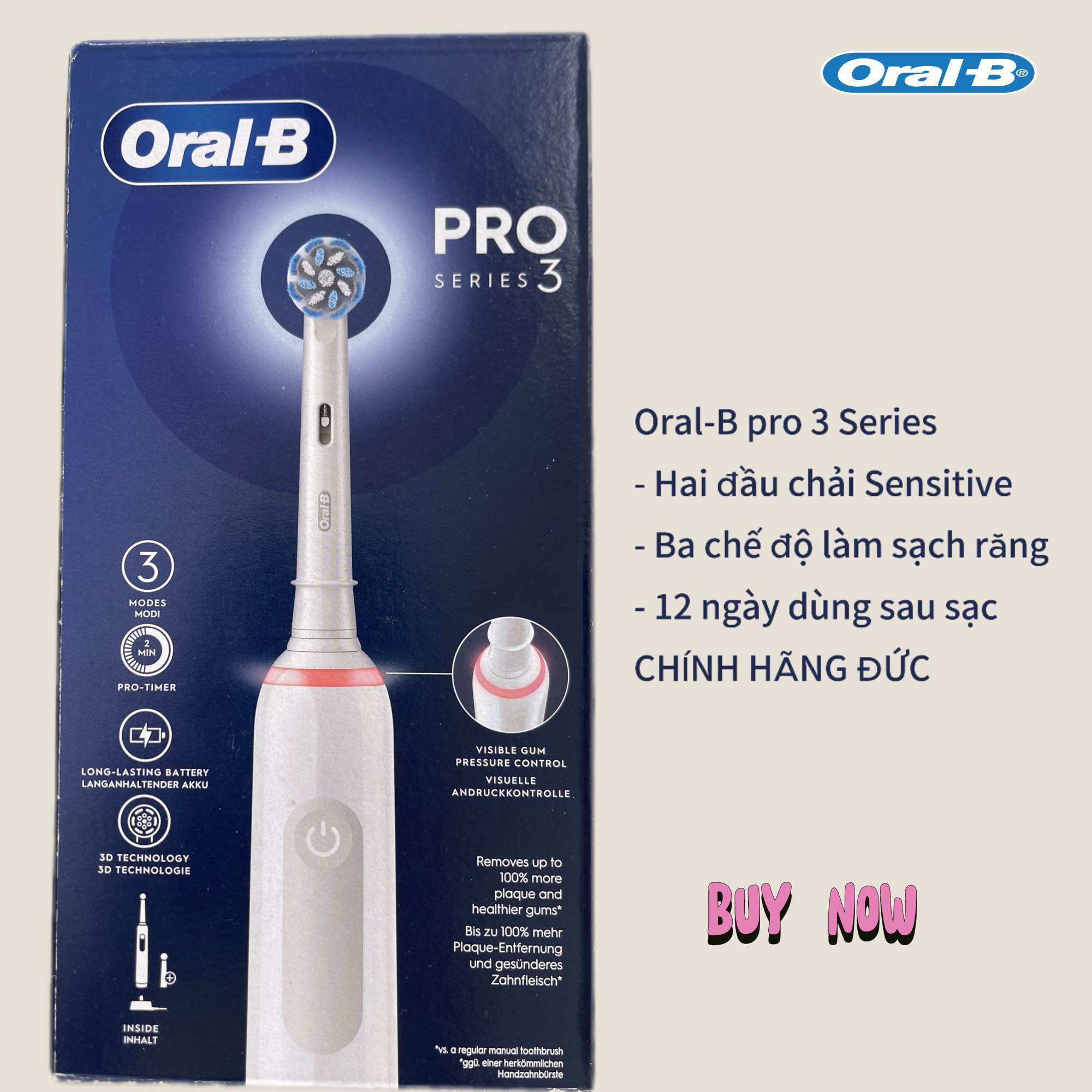 (Mẫu Mới) Bàn Chải Đánh Răng Điện Oral B Pro 3 Chải Răng Tự Động Chống Nước Đầu Chải Xoay Tròn Chải Răng Tự Động Cảm Ứng Nướu Màu Đen Phiên Bản Gíơi Hạn 2024 Hàng Đức