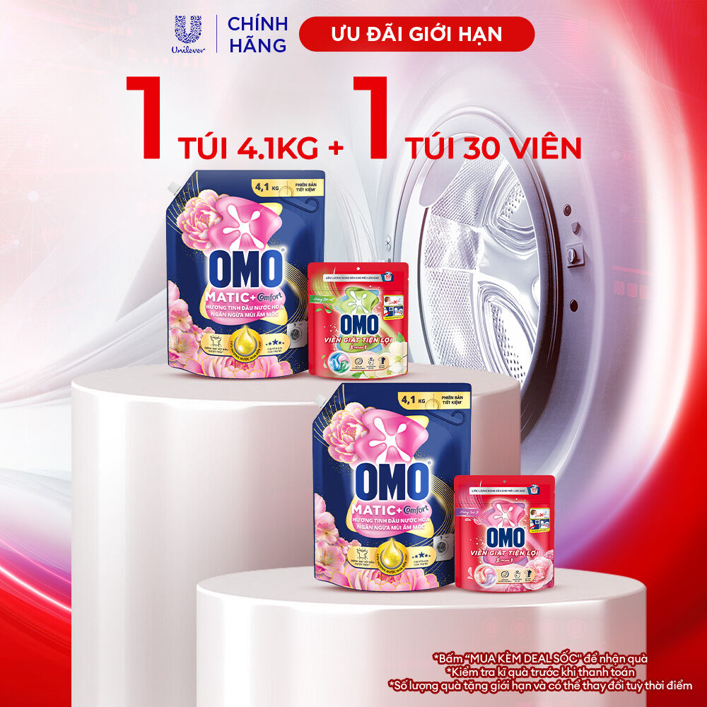 Combo Nước Giặt Omo Ngăn Mùi Ẩm Mốc 4,1kg và Túi Viên Giặt Tiện Lợi OMO 3 trong 1 (30 viên/túi)