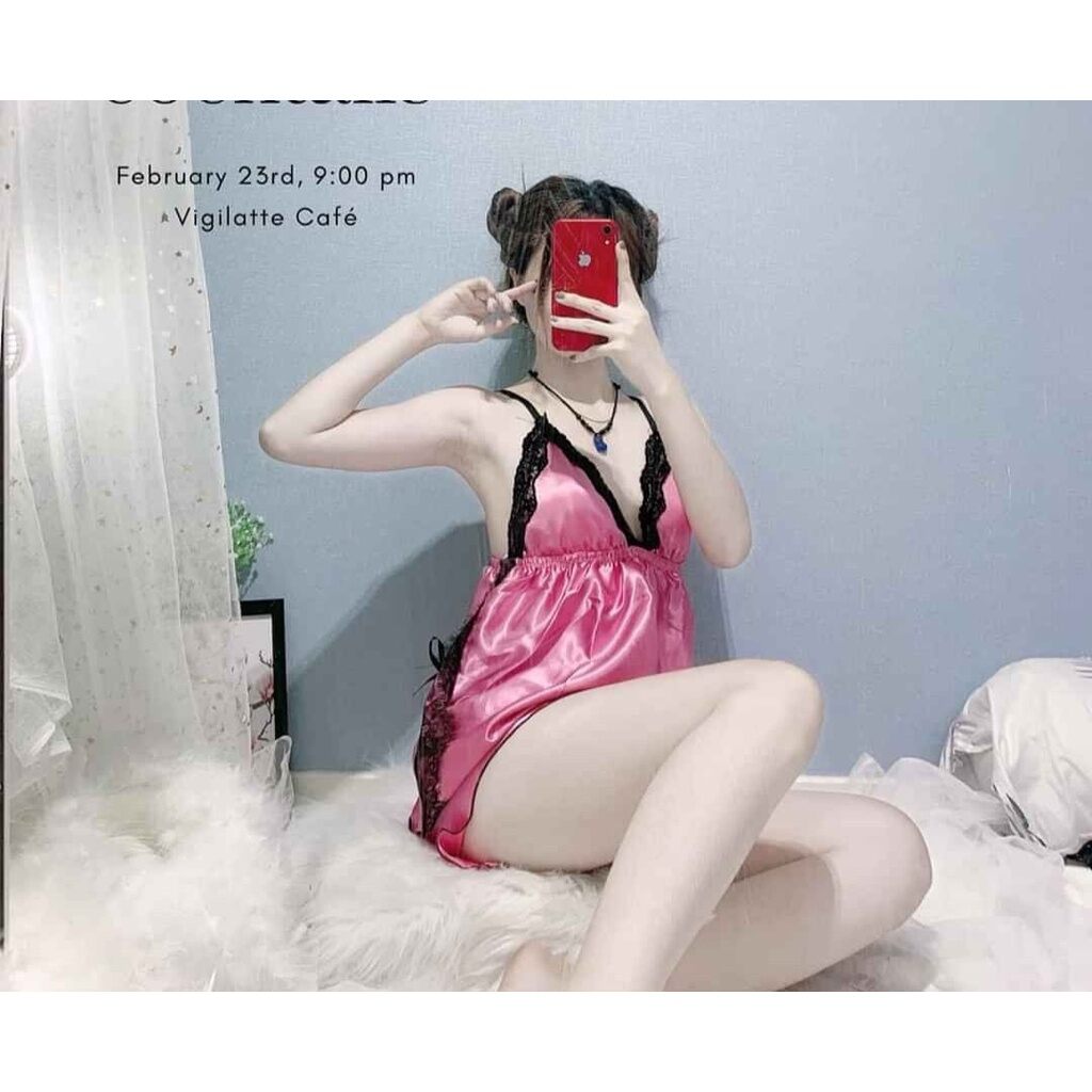 Đồ bộ ngủ hai dây sexy phi bóng phối ren - M59