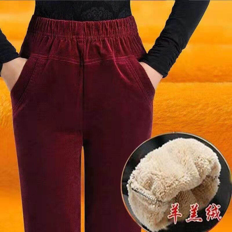 Quần Nhung Kẻ Dày Dặn Lót Lông Quần Nhung Kẻ Cho Mẹ Thường Ngày Cạp Cao Cỡ Lớn Rộng Rãi Cho Người Trung Niên Và Cao Tuổi Mùa Thu Đông Mùa Xuân Nữ
