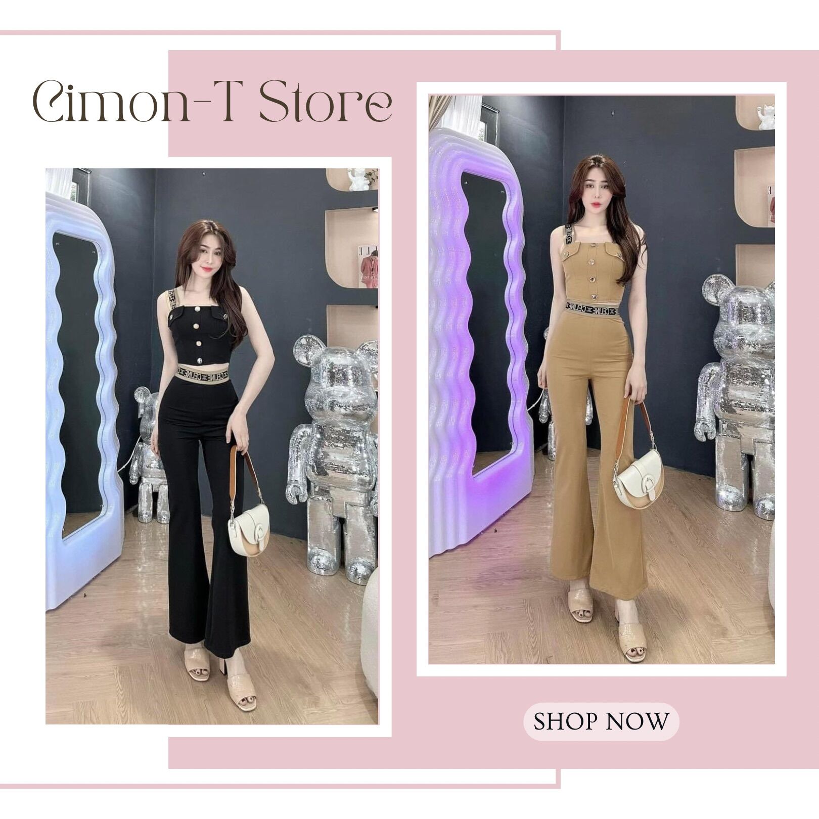 Set áo croptop + quần cạp cao ống loe sang chảnh