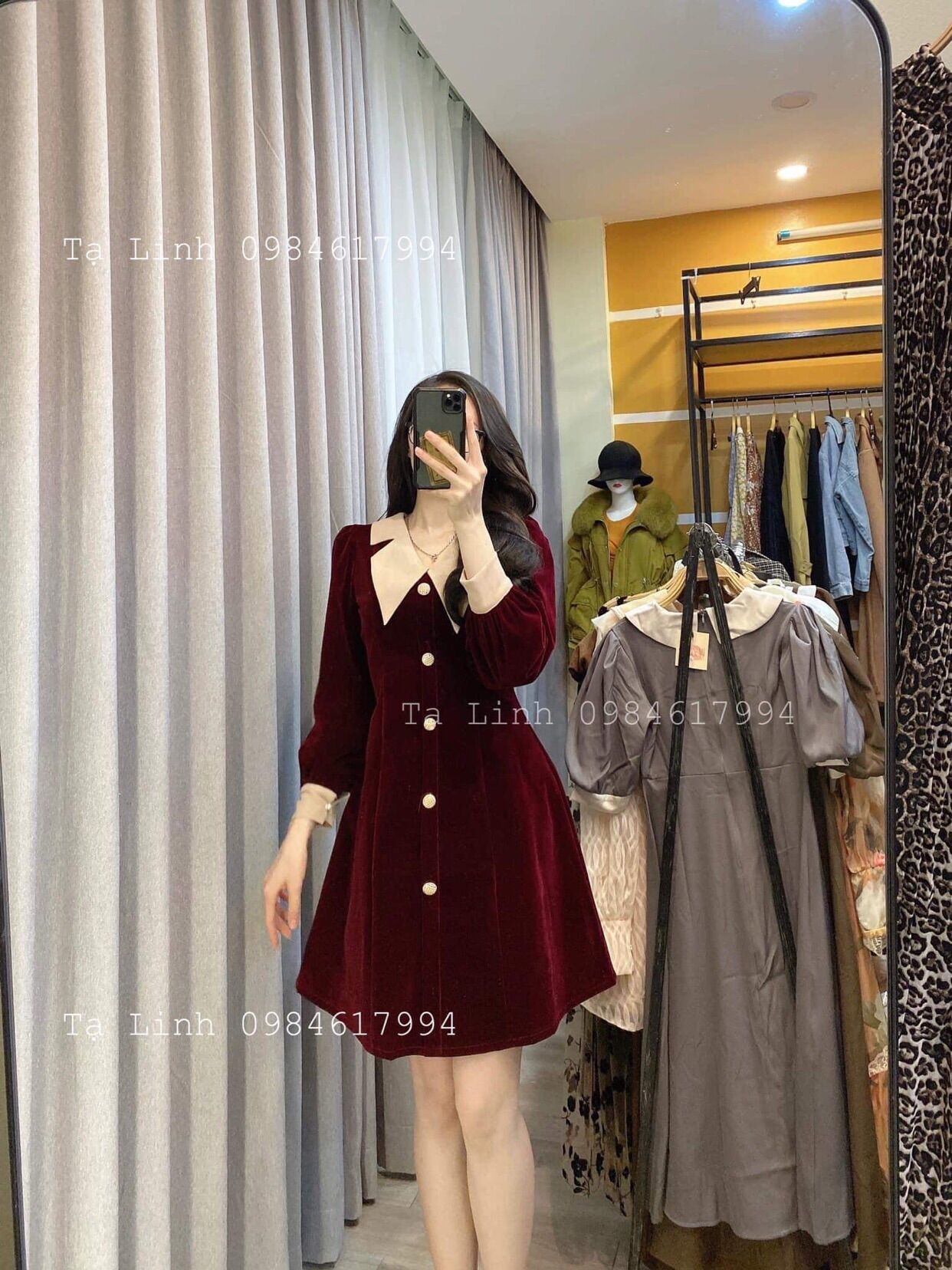 Thanh lý đầm nhung đỏ dáng xoè tay dài nhiều cúc mới new100% còn tag