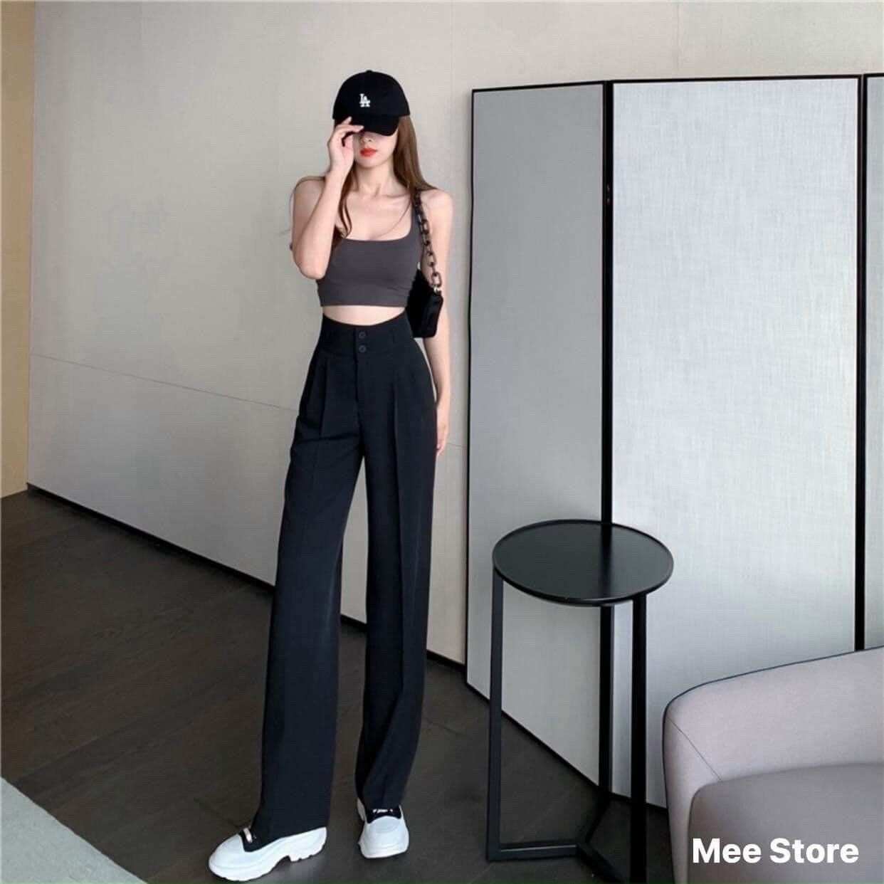 Quần Culottes Ống Rộng Lưng Cao Xuông Dài 2 Màu Đen Trắng