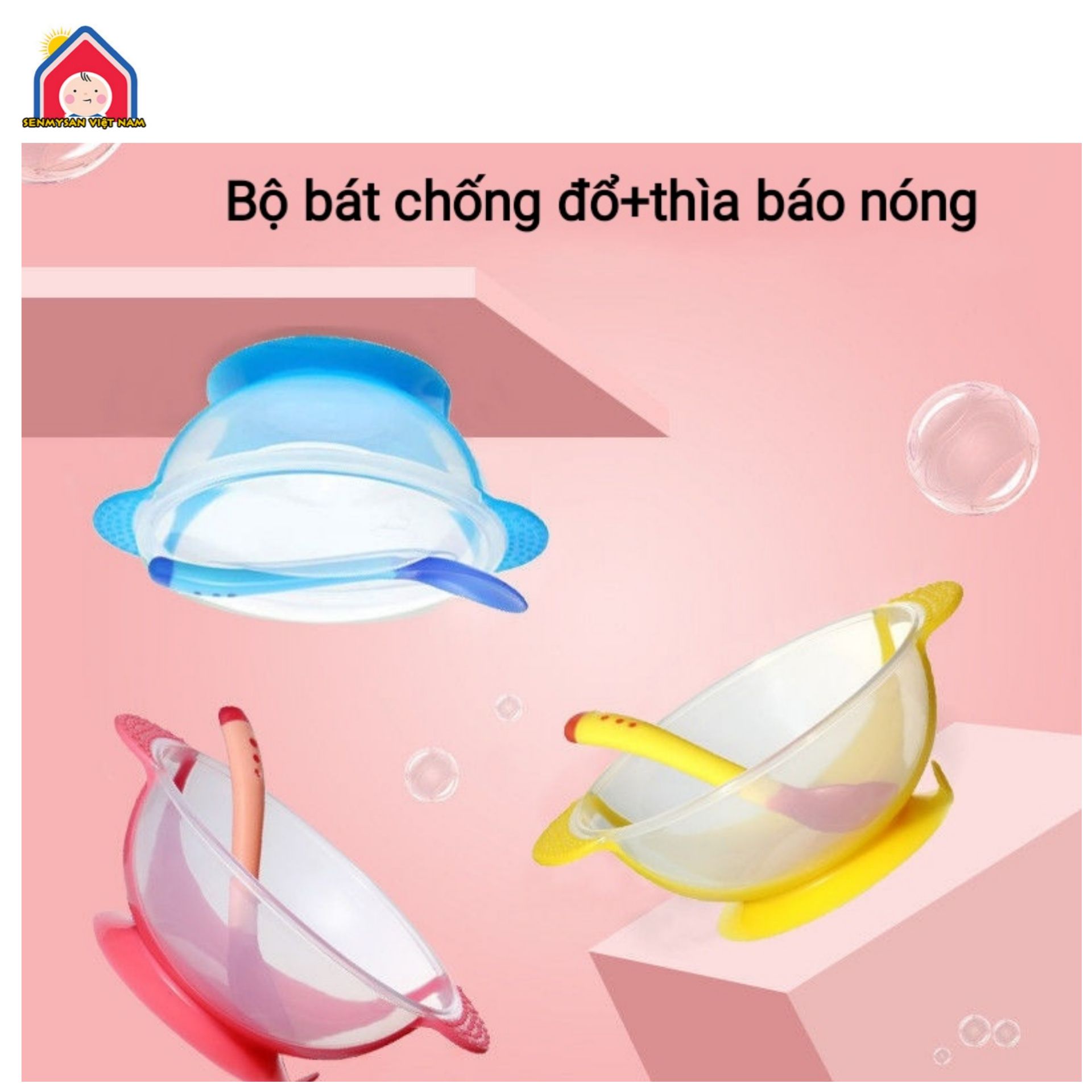 Bộ bát ăn dặm chống đổ kèm thìa báo nóng senmysan