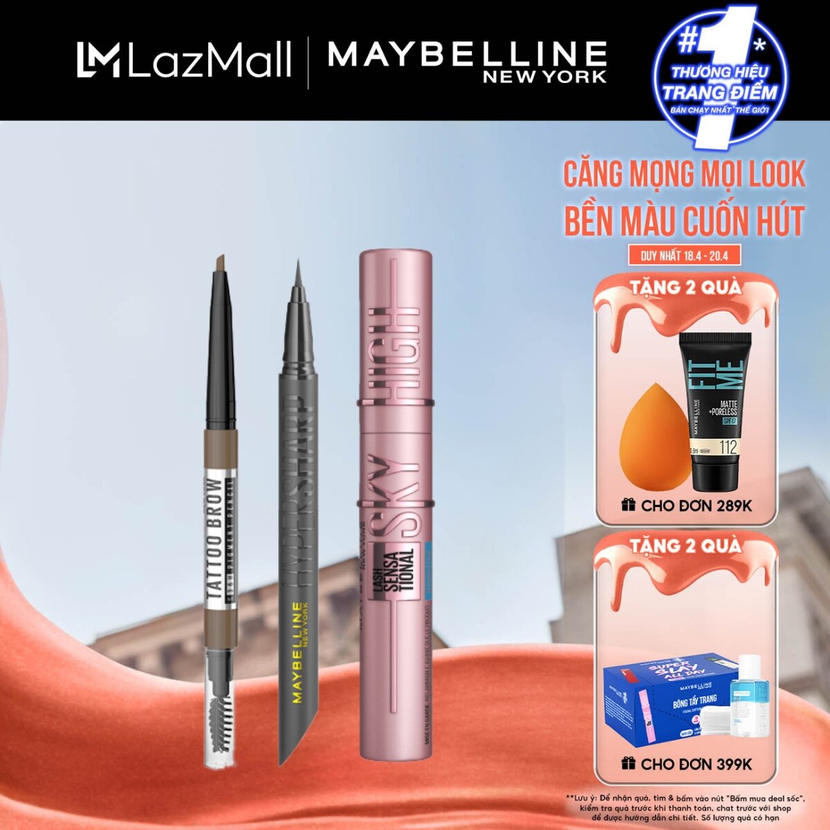 [Bộ Trang Điểm Mắt] Mascara Sky High Tơi Dài Mi Waterproof, Bút Kẻ Mắt Nước Siêu Sắc Mảnh HyperSharp (Đen) và Chì Kẻ Mày 36H Lâu Trôi, Kháng Nước, Chuẩn Màu Tattoo Brow Maybelline New York