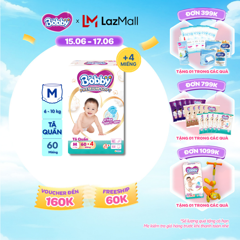 [Từ 22-23 tặng QUÀ TO-SLCH][Tặng 4 miếng] Tã quần Bobby Premium Soft size M60