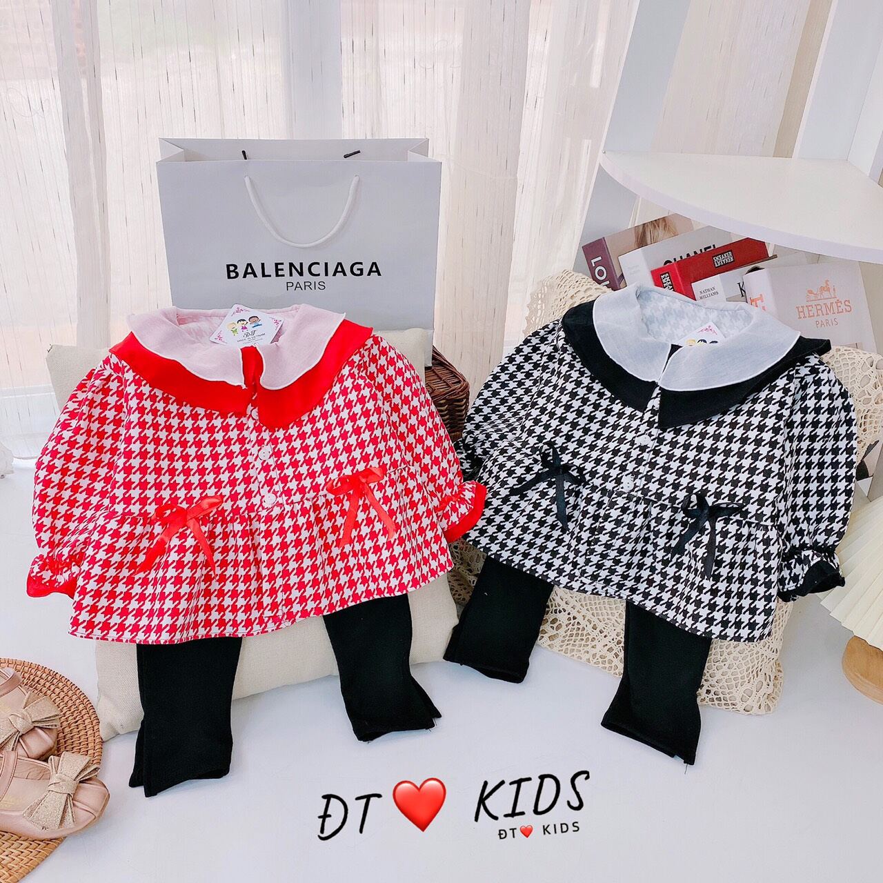 K3-SET ÁO CARO NHUNG LÌ QUẦN COTTON LEN BÉ GÁI 9-20KG