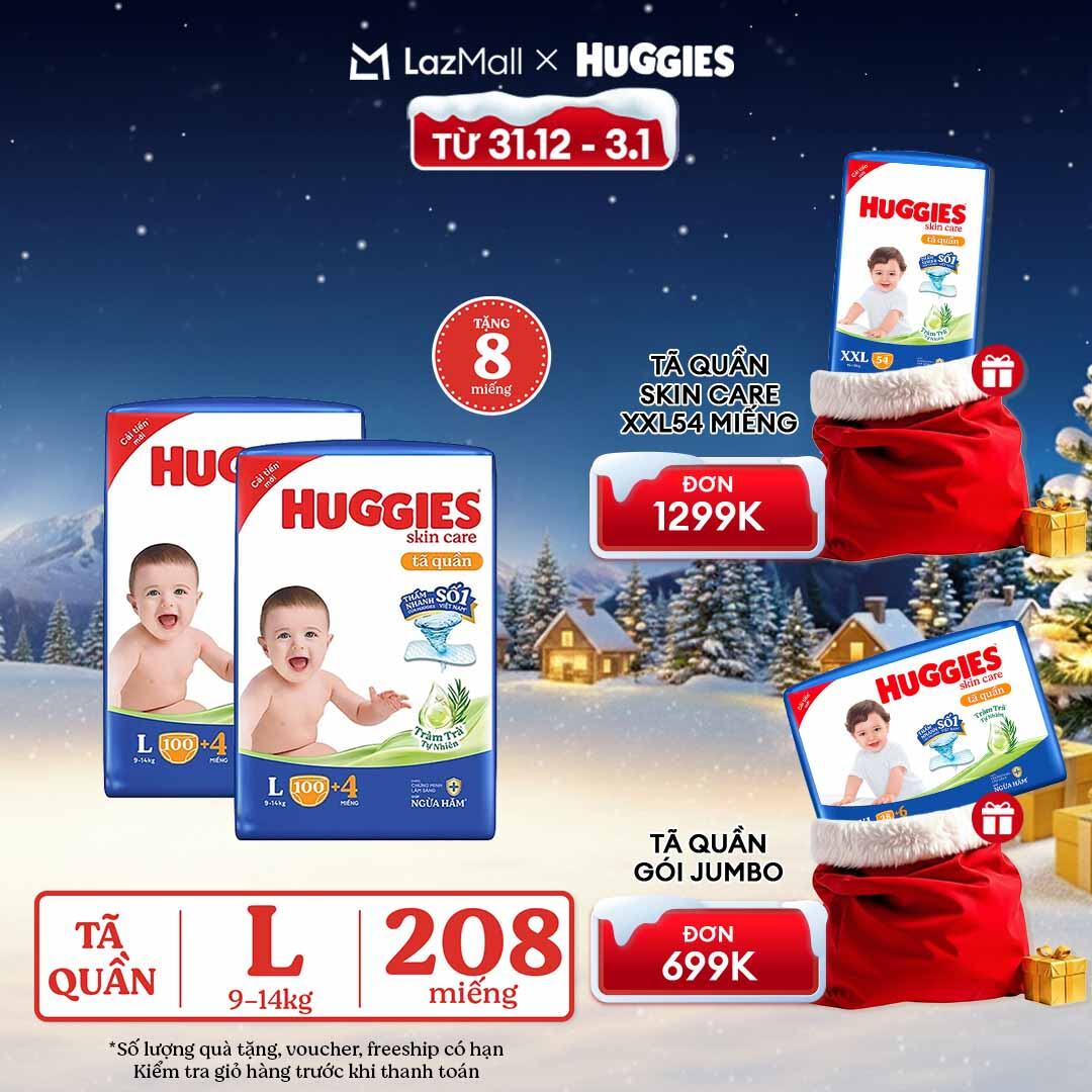   CHỈ 20h 31.12-03.01 GIẢM THÊM 90K   Combo 2 Gói Tã bỉm quần HUGGIES SKINCARE MEGA JUMBO size L96+8 miếng  L100+4 miếng 