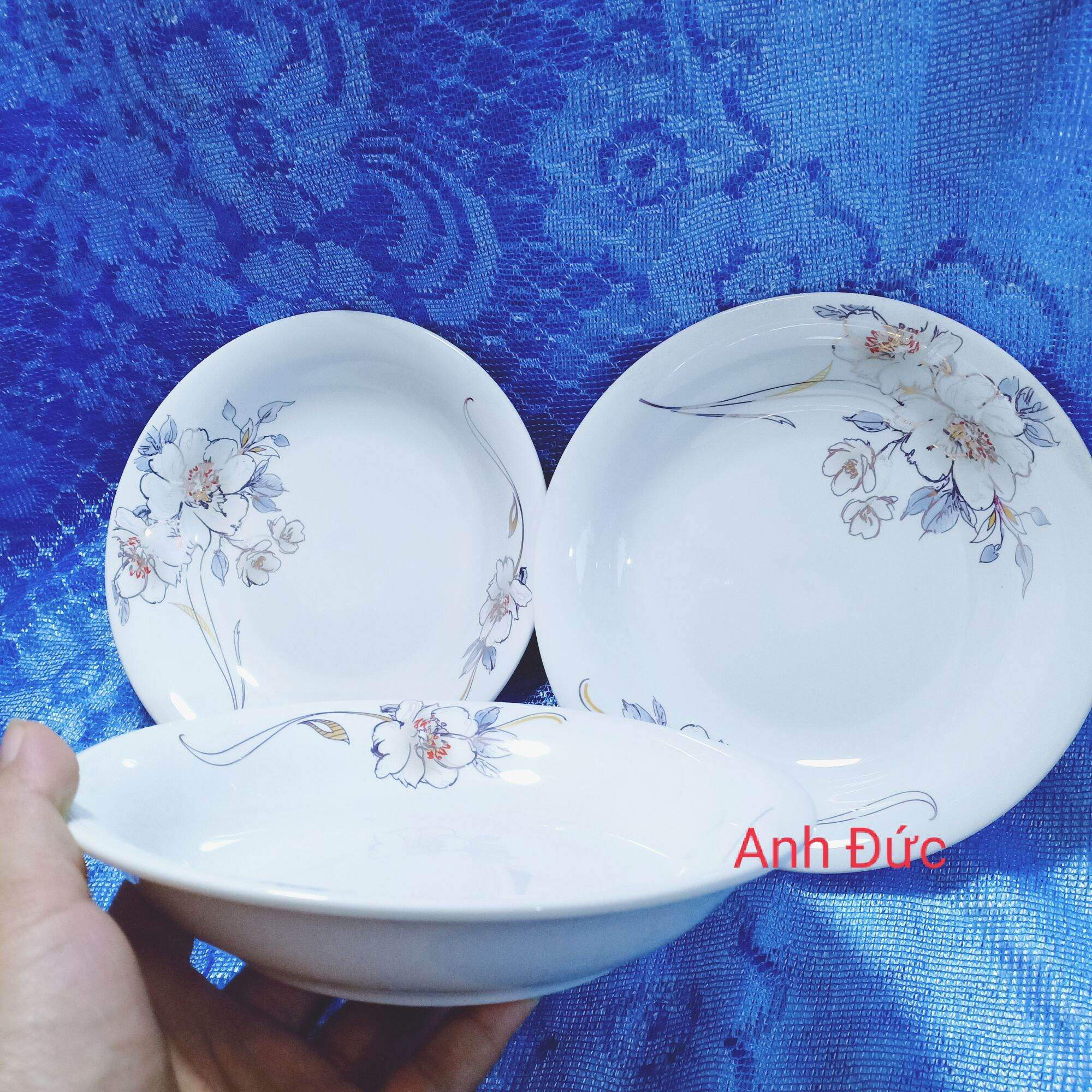 Combo 03 đĩa loe sứ hoa Bạch Kim cao cấp, sang trọng