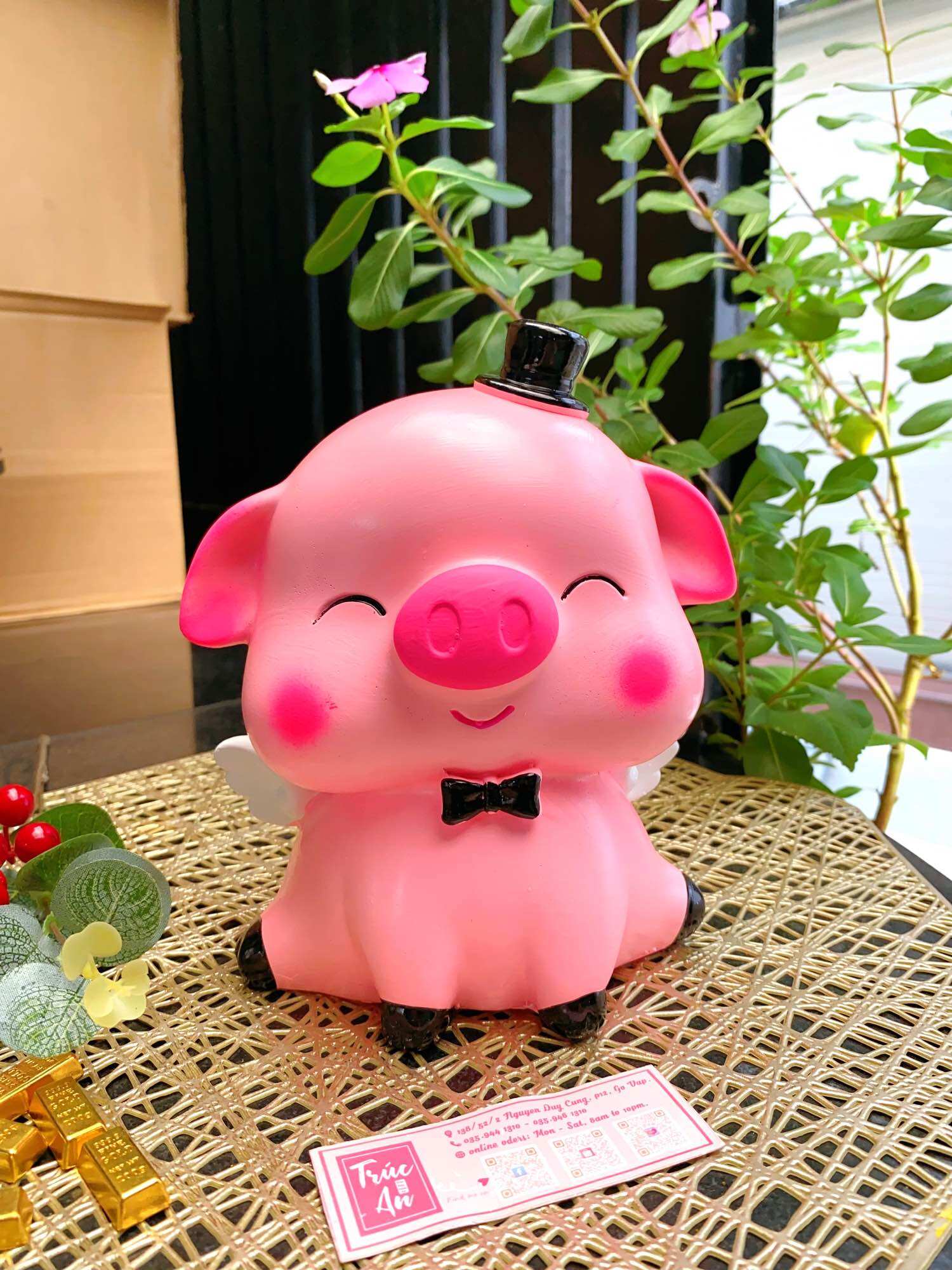 (19x13x16cm) 🐽 Heo đất Heo thiên thần nón, ống tiết kiệm chất liệu thạch cao, hàng sơn nước