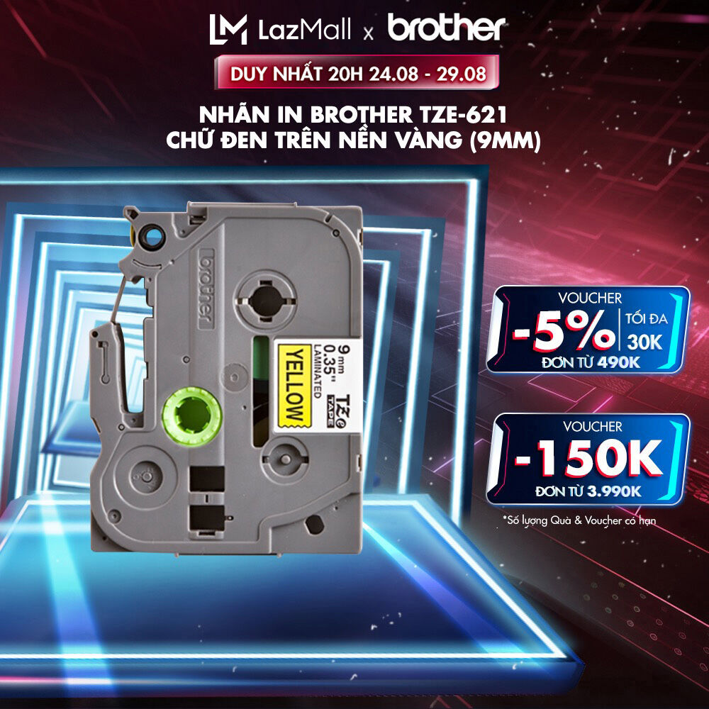 Nhãn in Brother TZe-621 chữ đen trên nền vàng