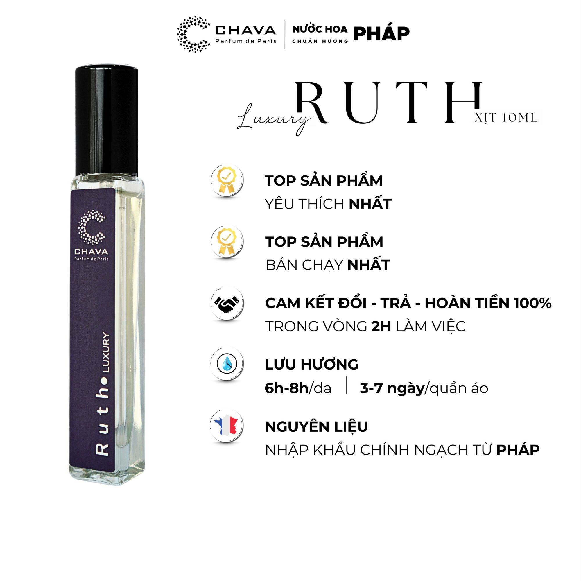 [CHÍNH HÃNG] Nước hoa nữ CHAVA RUTH 10ML lưu hương 8-12 tiếng, nhập khẩu chính ngạch từ Pháp, hương hoa cỏ nhẹ nhàng thanh mát