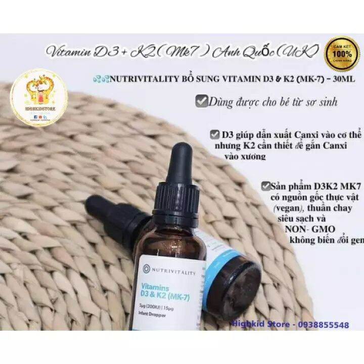 Vitamin K2 D3 MK7 cho bé Nutrivitality Anh 30ml K2D3