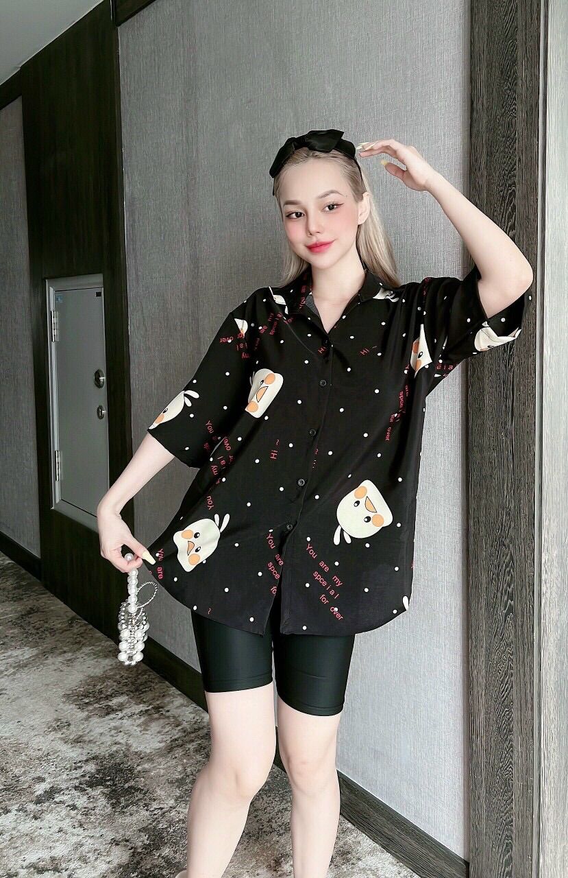 Set áo sơmi hình vịt hoạt hình kèm quần ngố - bộ sơmi form rộng quần legging lửng ( chất lụa 100d , ảnh thật 100% )