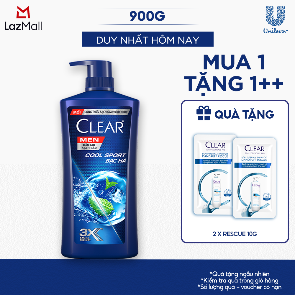 Dầu Gội Sạch Gàu Clear Men Cool Sport Bạc Hà Đánh Bay Gàu, Ngứa Và Vi Khuẩn Mát Lạnh Cực Đỉnh Suốt Ngày Dài 900g