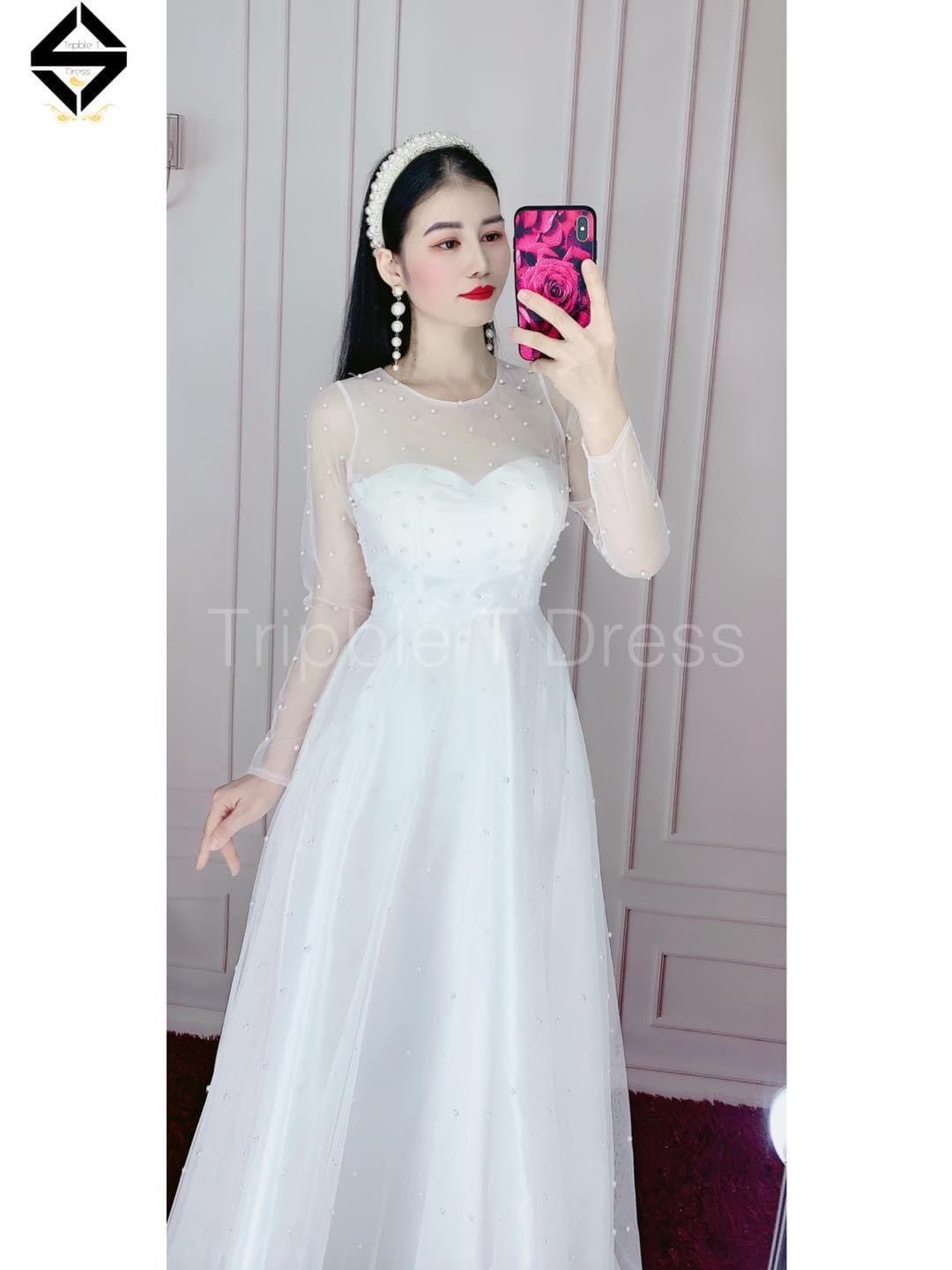 Đầm maxi dạ hội tay dài đính chuỗi ảnh thật