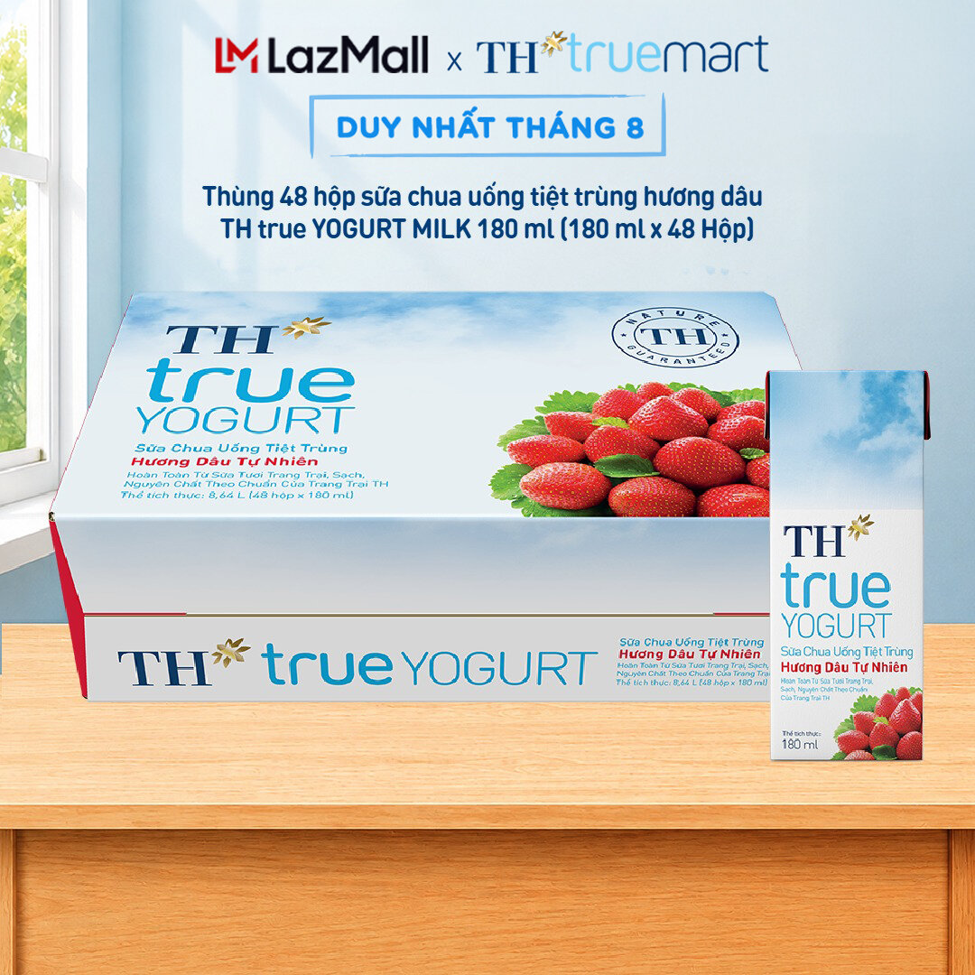 Thùng 48 hộp sữa chua uống tiệt trùng TH true YOGURT hương dâu tự nhiên 180 ml (180 ml x48)