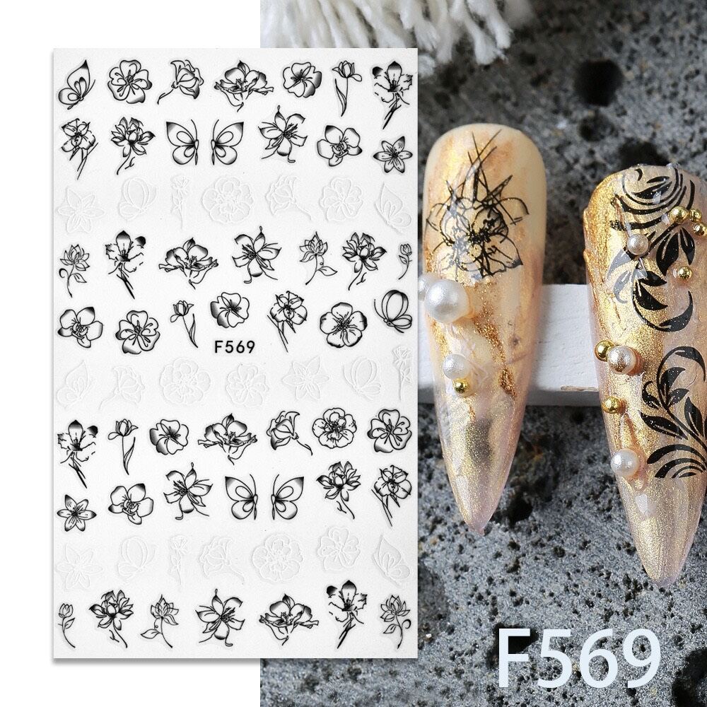 Sticker dán móng trang trí nail mẫu hoa văn trắng đen vàng bạc