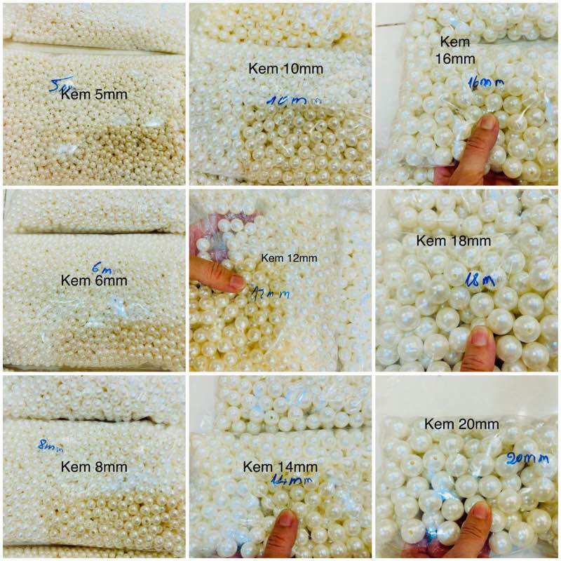 500gram Hạt ngọc trai nhựa có lỗ xỏ các cỡ 3mm -> 20mm
