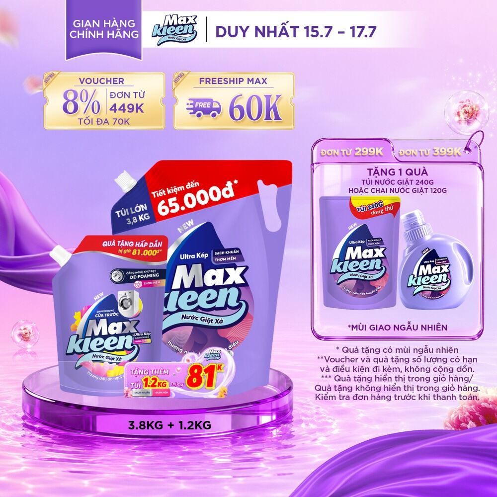 [Tặng kèm nước giặt xả 1kg2 ngẫu nhiên] Nước giặt xả cho máy giặt MaxKleen hương Hoa nắng/ Huyền diệu/ Dấu ấn Ngọt Ngào 3.8kg