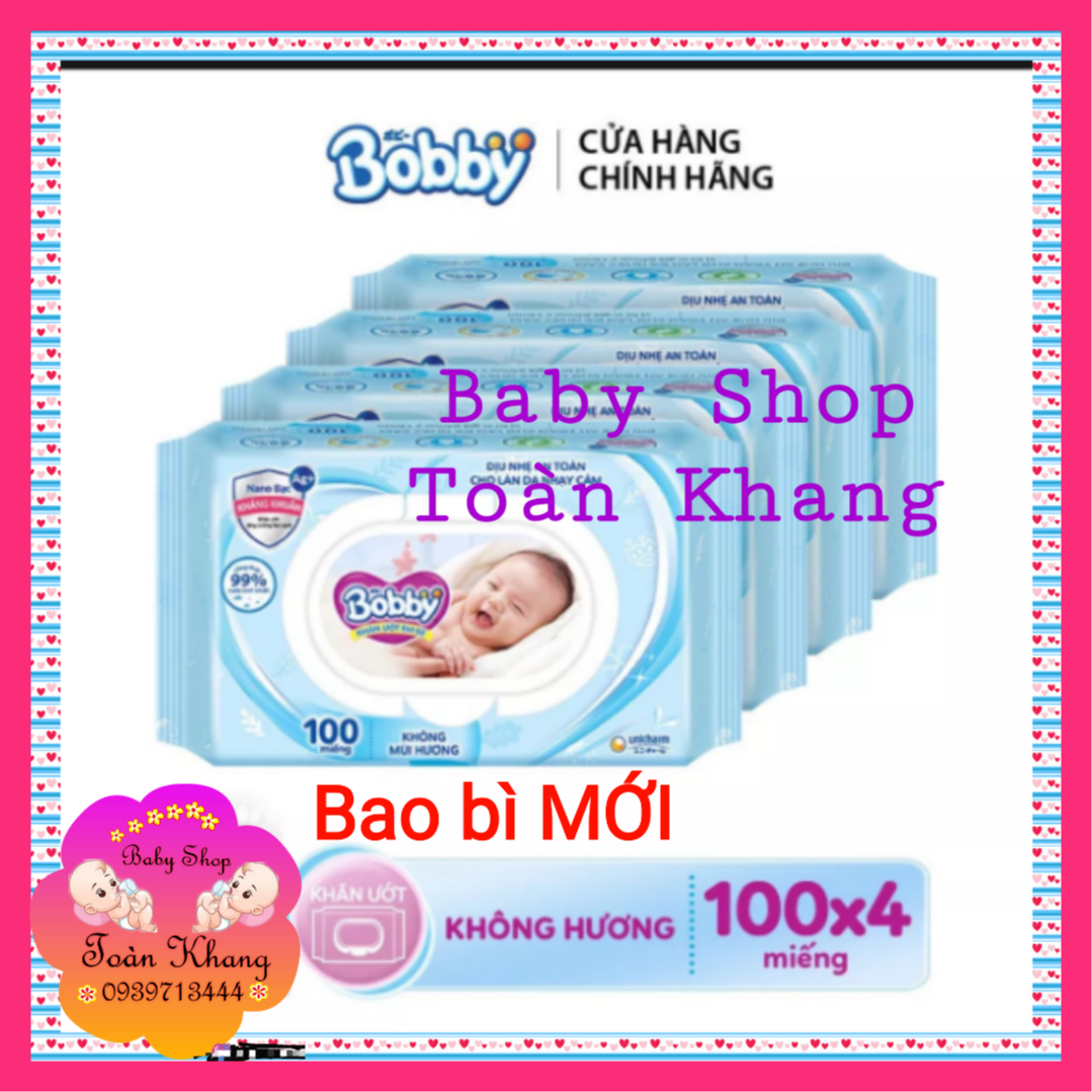 Bộ 4 gói khăn ướt bobby loại không mùi 100 tờ