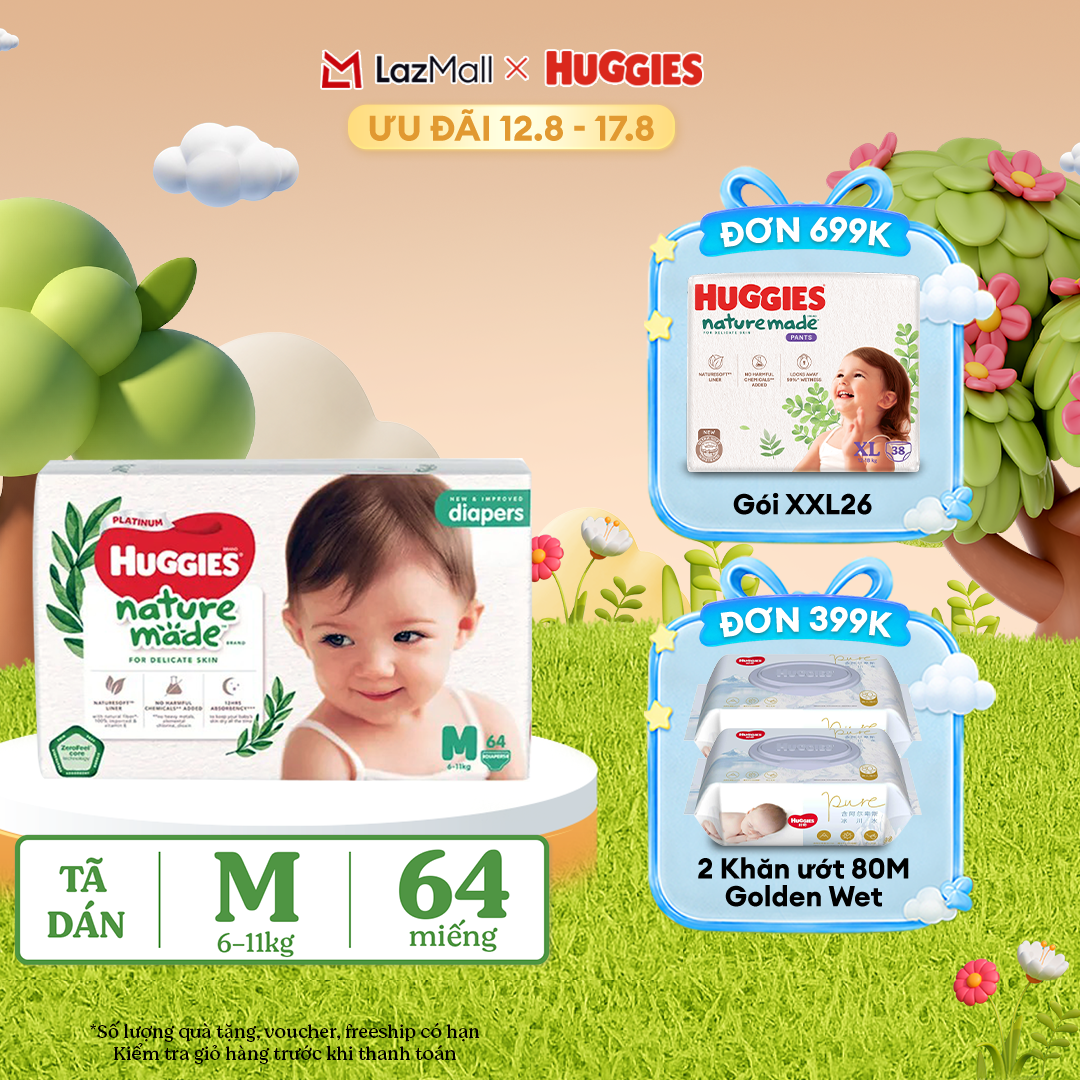 [12-17.08 QUÀ TẶNG ĐƠN 399K]  Tã/Bỉm dán HUGGIES PLATINUM NatureMade M64 (6-11kg)-Gói Jumbo 64 miếng