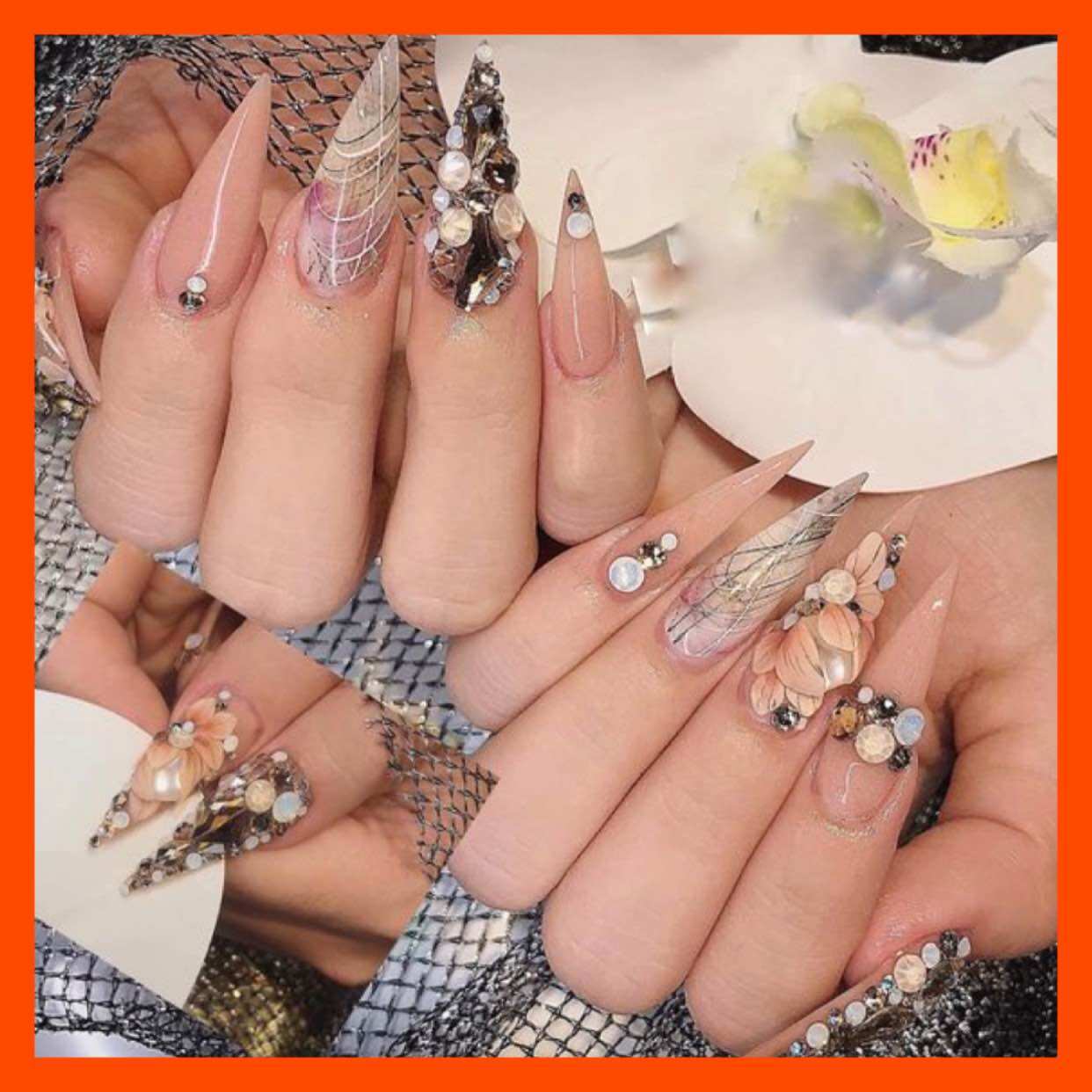 Nail box thiết kế - móng tay giả bộ 24 móng - móng úp sơn gel form nhọn đính đá và hoa bột