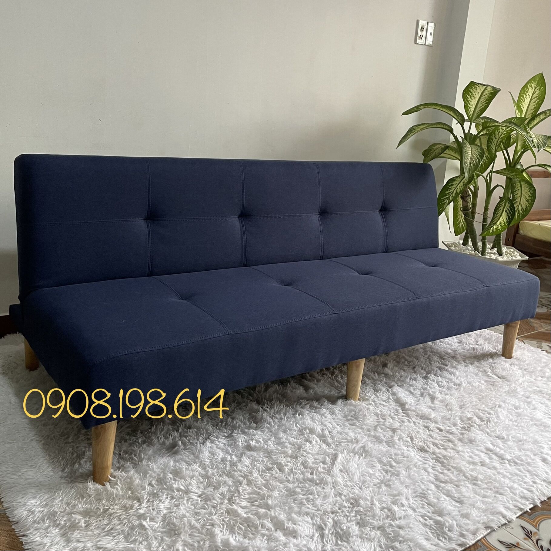 Ghế sofa bed chân gỗ dài 1m8 bọc vải bố màu xanh navy - ghế sofa giường nằm đa năng 6 chân gỗ tự nhiên