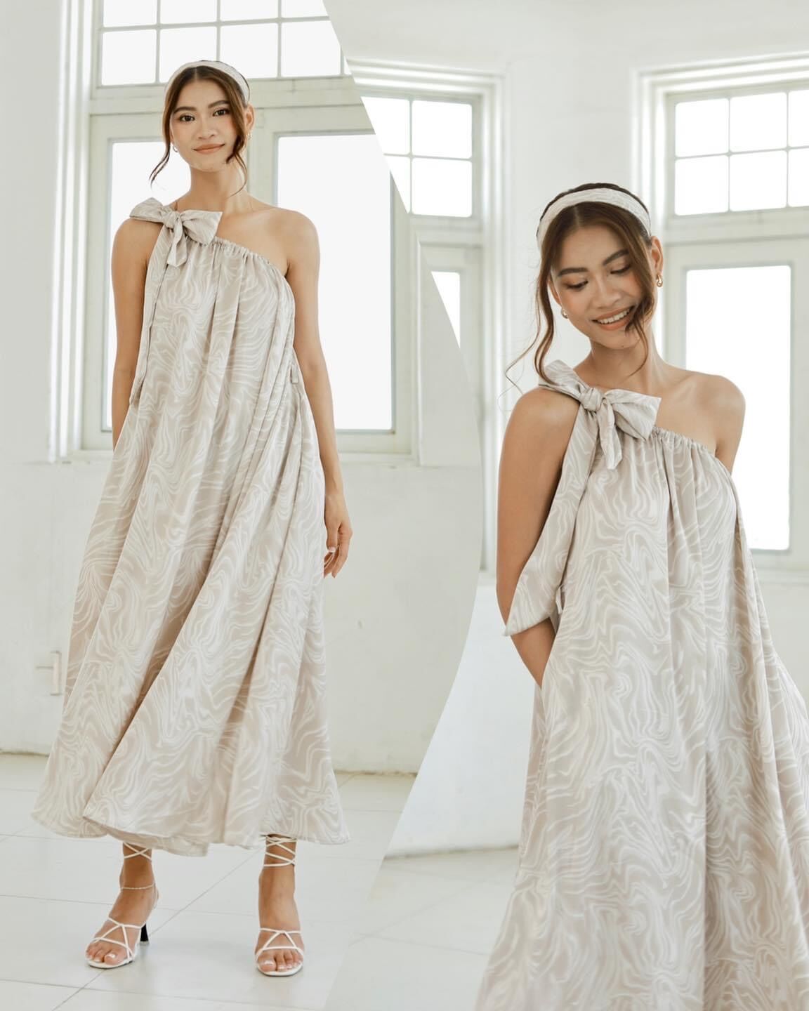 Đầm maxi lụa lệch vai hoa văn Infashion