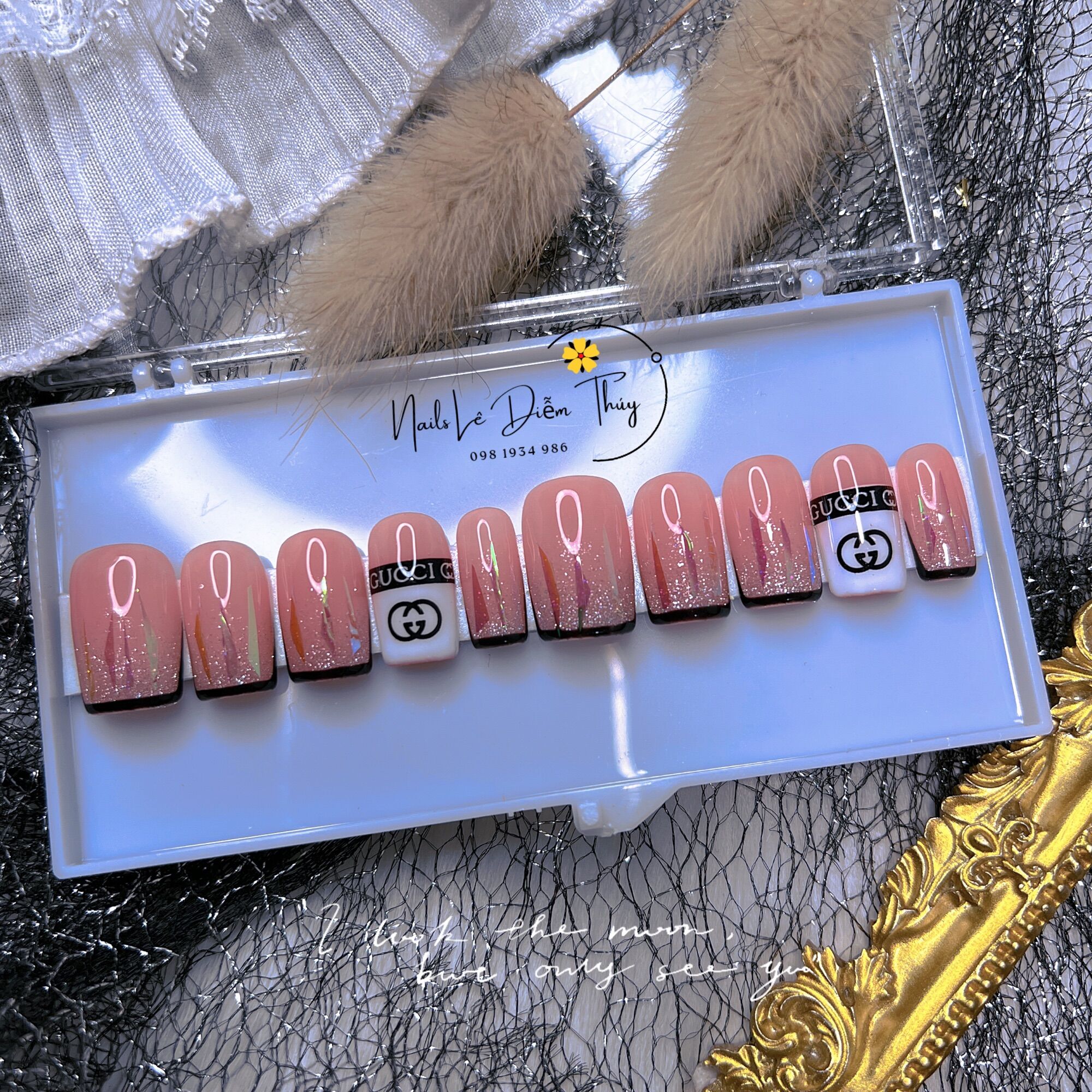 Nail Box design Nail Box pink rhinestones hears nail tip