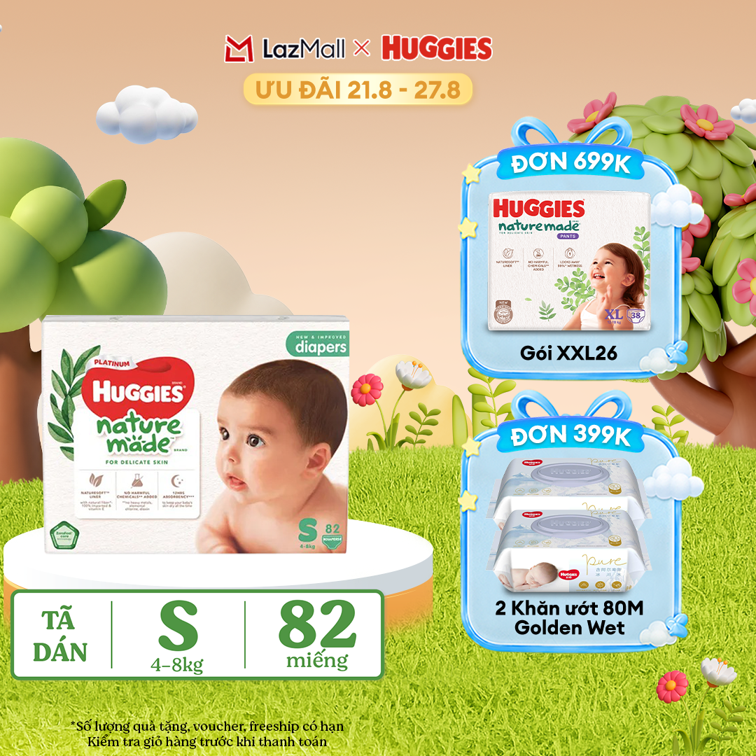 [17-24.08 QUÀ TẶNG ĐƠN 399K] Tã/Bỉm dán sơ sinh Huggies Platinum NatureMade S82 (4-8kg)-Gói Super Jumbo 82 miếng