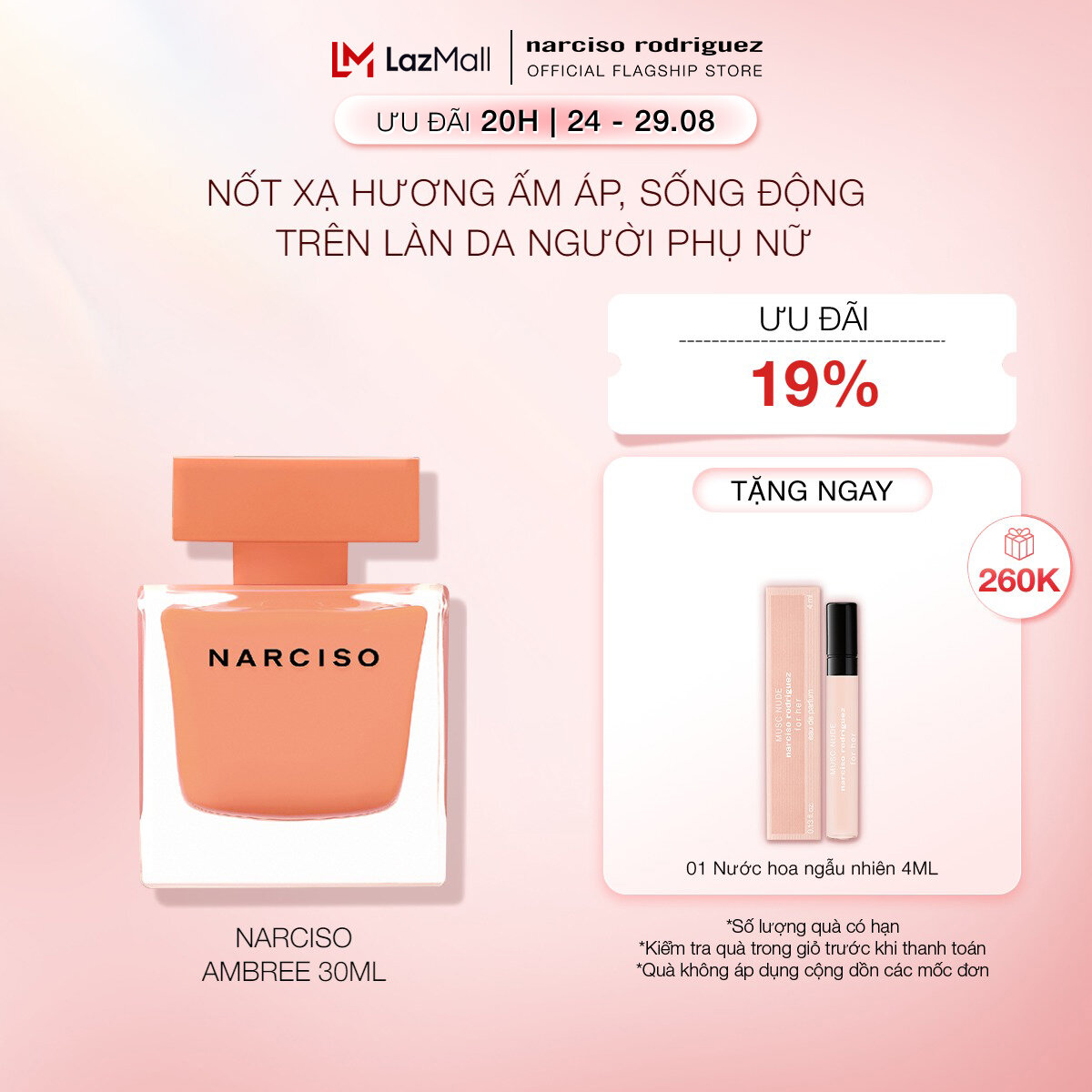 [20H | 24 - 29.08 | ƯU ĐÃI ĐẾN 19% + QUÀ TẶNG 260K] Nước Hoa nữ Narciso Rodriguez Narciso Eau De Parfum Ambrée 30ml