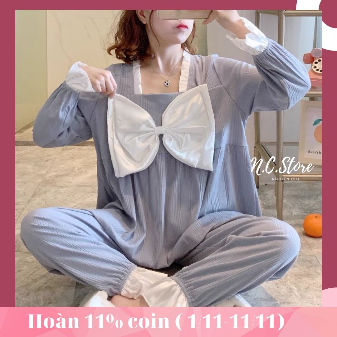 Bộ ngủ mặc nhà nơ ngực kẻ sọc siêu dễ thương