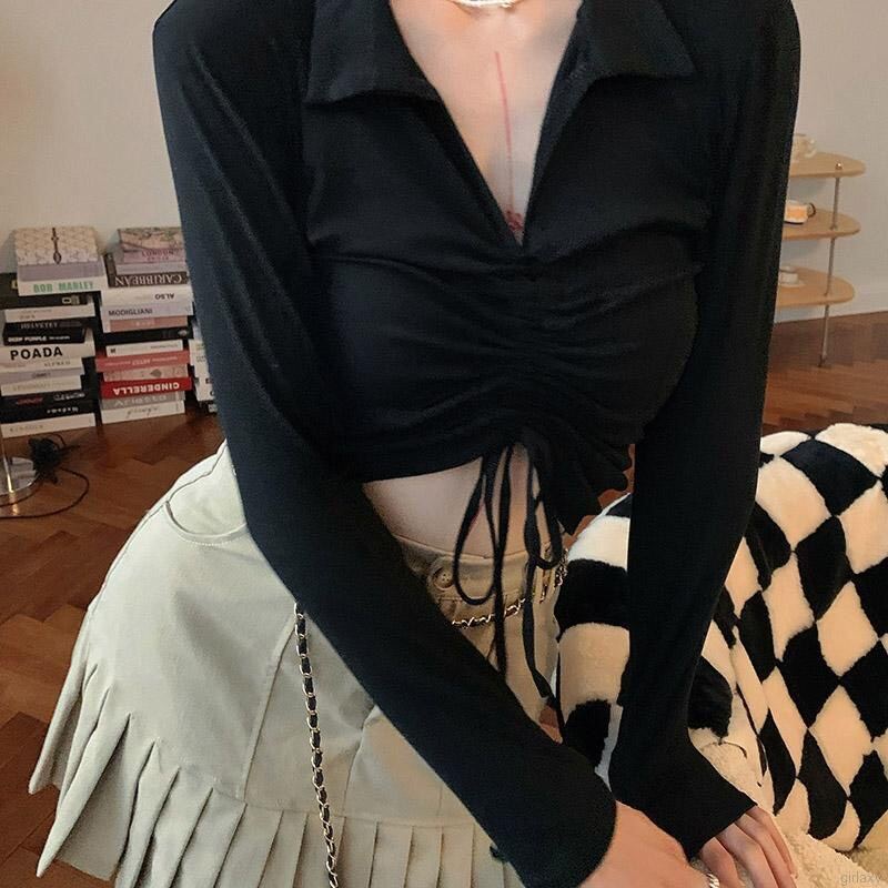 Áo croptop cổ bẻ rút dây tay dài
