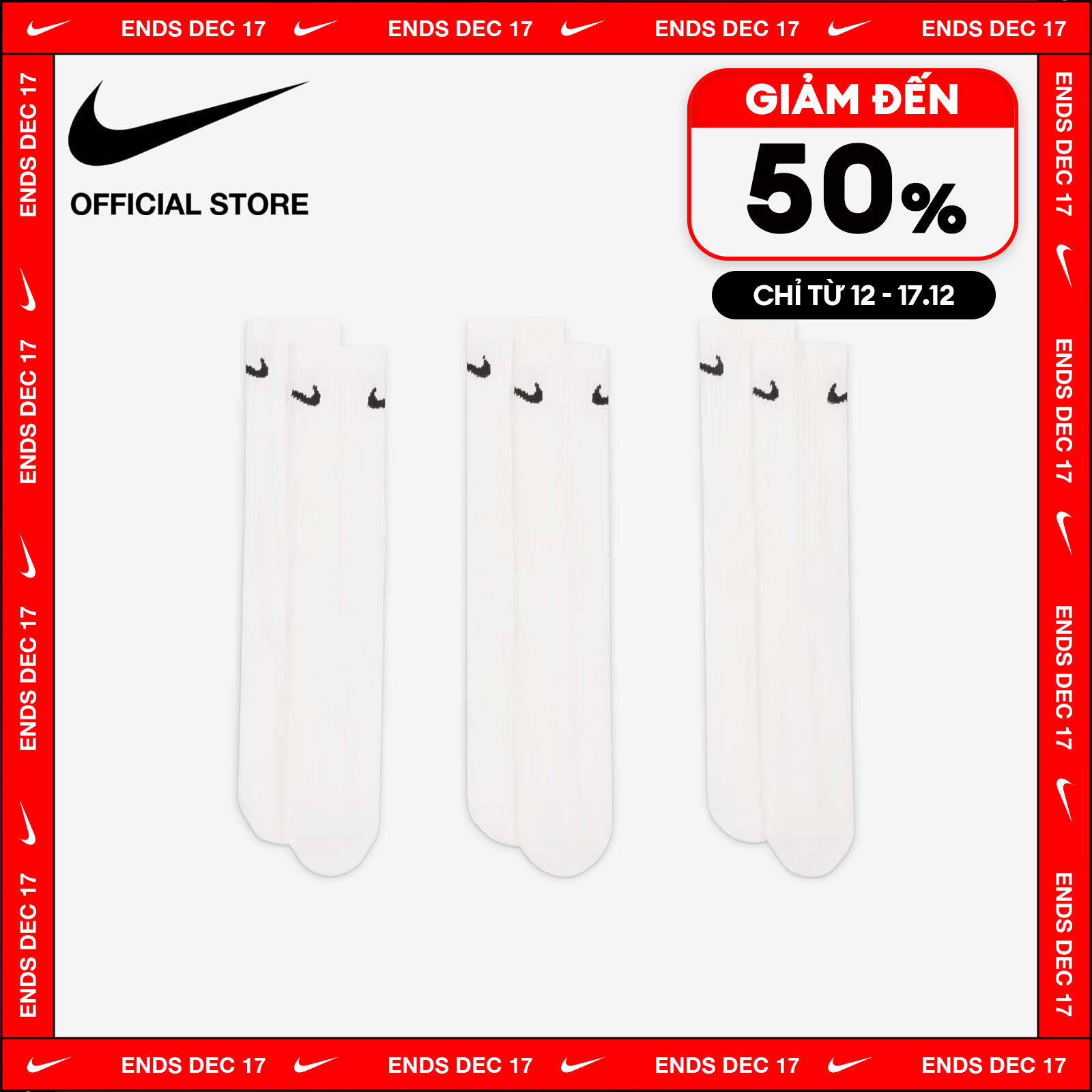 [12-17.12 | VOUCHER 30%] Tất Cổ Cao Nike Men's Everyday Lightweight Training Crew Socks (3 Pairs) - White