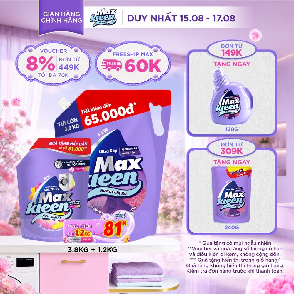 [Tặng kèm nước giặt xả 1kg2 ngẫu nhiên] Nước giặt xả cho máy giặt MaxKleen hương Hoa nắng/ Huyền diệu/ Dấu ấn Ngọt Ngào 3.8kg