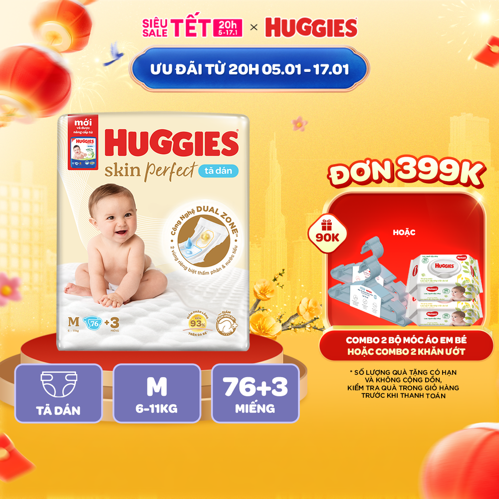 Tã/Bỉm Dán Sơ sinh Huggies Skincare Super Jumbo M76+3/L68/XL60/XXL54 Với 2 Vùng Thấm Giảm Kích Ứng Da